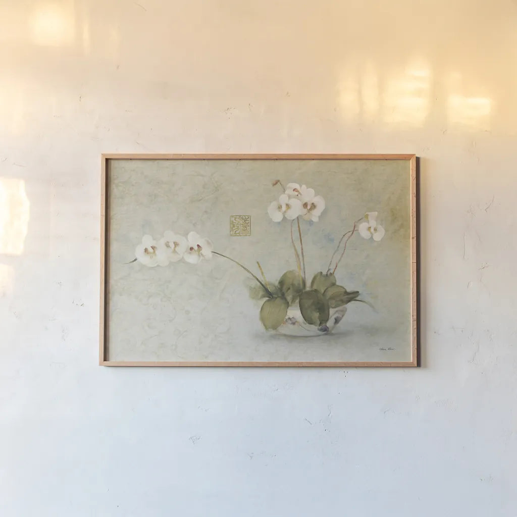 Orchids in a Chinese Bowl by Cheri Blum. shown as a paper print in a natural frame. Available as a archival giclee rolled canvas, fine art paper, or poster print. SKU 7110i.