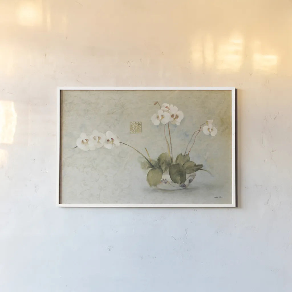 Orchids in a Chinese Bowl by Cheri Blum. shown as a paper print in a white frame. Available as a archival giclee rolled canvas, fine art paper, or poster print. SKU 7110i.