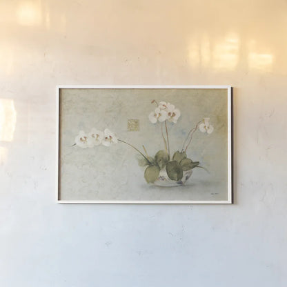 Orchids in a Chinese Bowl by Cheri Blum. shown as a paper print in a white frame. Available as a archival giclee rolled canvas, fine art paper, or poster print. SKU 7110i.
