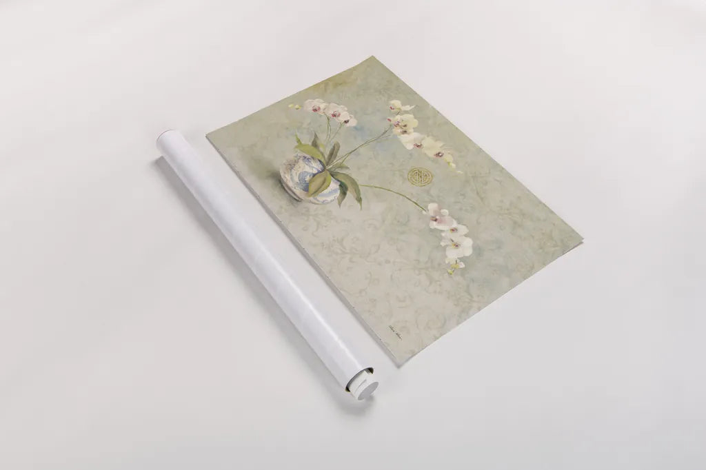 Orchids in a Porcelain Bowl by Cheri Blum. shown as a rolled paper print. Available as archival giclee rolled canvas, fine art paper, or poster print. SKU 7629i.