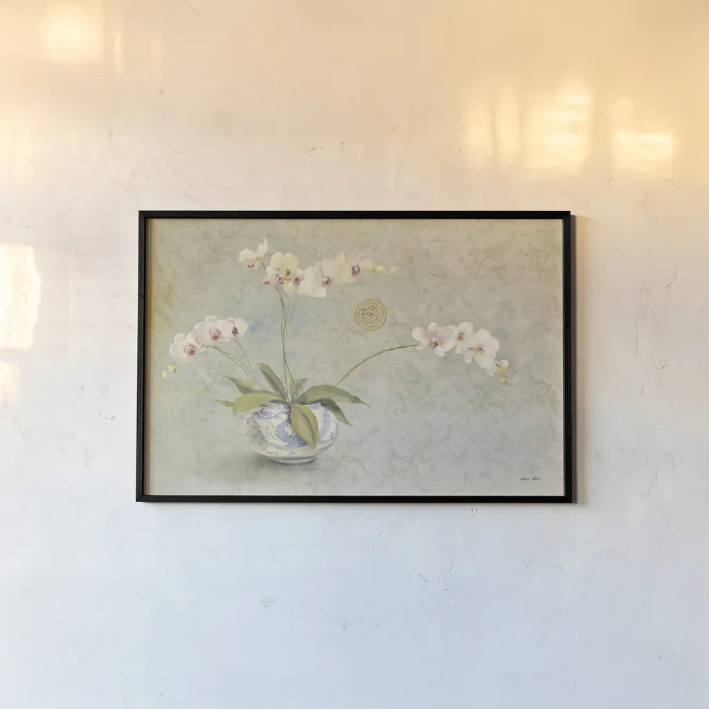 Orchids in a Porcelain Bowl by Cheri Blum. shown as a paper print in a black flame. Available as a archival giclee rolled canvas, fine art paper, or poster print. SKU 7629i.