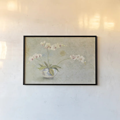Orchids in a Porcelain Bowl by Cheri Blum. shown as a paper print in a black flame. Available as a archival giclee rolled canvas, fine art paper, or poster print. SKU 7629i.