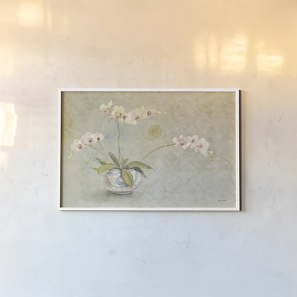 Orchids in a Porcelain Bowl by Cheri Blum. shown as a paper print in a white frame. Available as a archival giclee rolled canvas, fine art paper, or poster print. SKU 7629i.