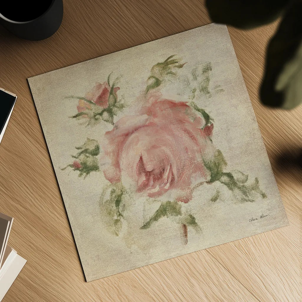 Pale Pink Rose on Antique Linen Light by Cheri Blum. Shown as a detailed flat fine art print, highlighting archival giclee quality. Available as an archival giclee rolled canvas, fine art paper, or poster print. SKU 90526a.