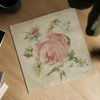 Pale Pink Rose on Antique Linen Light by Cheri Blum. Shown as a detailed flat fine art print, highlighting archival giclee quality. Available as an archival giclee rolled canvas, fine art paper, or poster print. SKU 90526a.