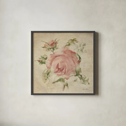 Pale Pink Rose on Antique Linen Light by Cheri Blum. Shown in a sleek black glass frame for a contemporary gallery look. Available as an archival giclee rolled canvas, fine art paper, or poster print. SKU 90526a.