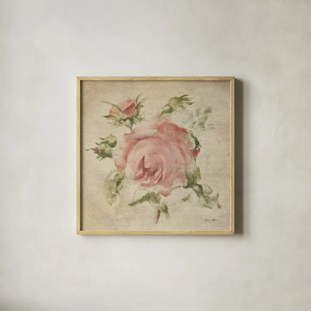 Pale Pink Rose on Antique Linen Light by Cheri Blum. Shown in a natural wood glass frame for a timeless modern aesthetic. Available as an archival giclee rolled canvas, fine art paper, or poster print. SKU 90526a.