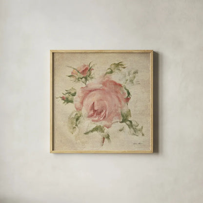 Pale Pink Rose on Antique Linen Light by Cheri Blum. Shown in a natural wood glass frame for a timeless modern aesthetic. Available as an archival giclee rolled canvas, fine art paper, or poster print. SKU 90526a.