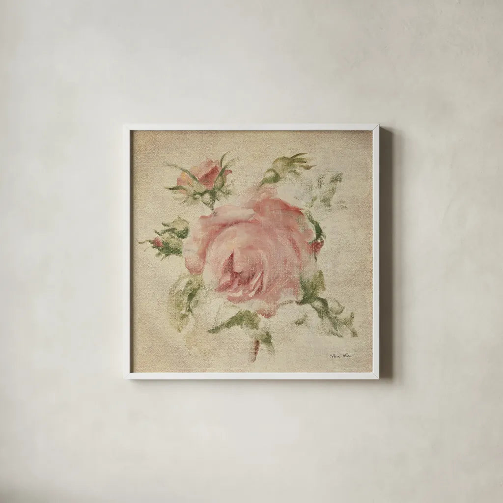 Pale Pink Rose on Antique Linen Light by Cheri Blum. Shown in a crisp white glass frame for a clean and minimalist style. Available as an archival giclee rolled canvas, fine art paper, or poster print. SKU 90526a.