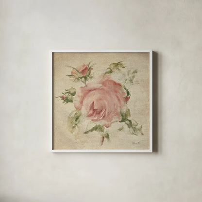 Pale Pink Rose on Antique Linen Light by Cheri Blum. Shown in a crisp white glass frame for a clean and minimalist style. Available as an archival giclee rolled canvas, fine art paper, or poster print. SKU 90526a.