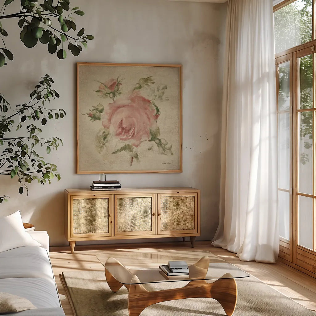 Pale Pink Rose on Antique Linen Light by Cheri Blum. Shown in a natural wood frame in a cozy modern living room. Available as an archival giclee rolled canvas, fine art paper, or poster print. SKU 90526a.