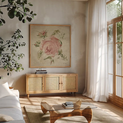 Pale Pink Rose on Antique Linen Light by Cheri Blum. Shown in a natural wood frame in a cozy modern living room. Available as an archival giclee rolled canvas, fine art paper, or poster print. SKU 90526a.