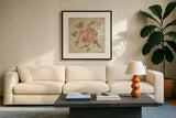 Pale Pink Rose on Antique Linen Light by Cheri Blum. Displayed in a glass frame with matte in a clean modern living room. Available as an archival giclee rolled canvas, fine art paper, or poster print. SKU 90526a.