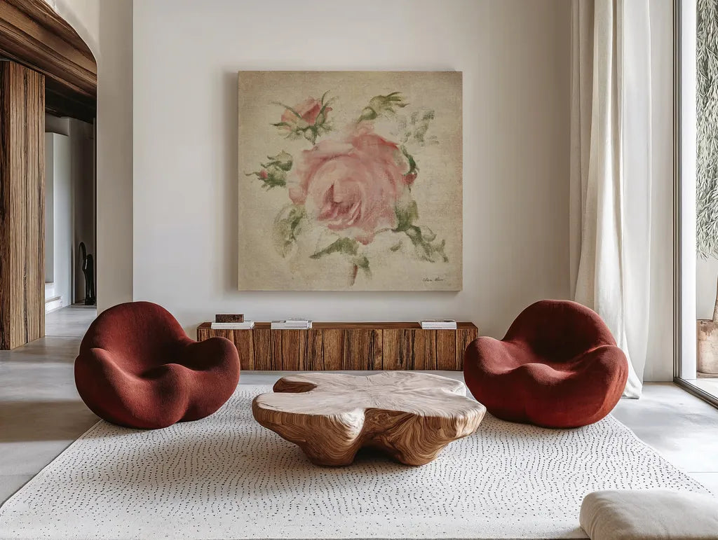 Pale Pink Rose on Antique Linen Light by Cheri Blum. Shown as extra-large giant wall art in a modern living room. Available as an archival giclee rolled canvas, fine art paper, or poster print. SKU 90526a.