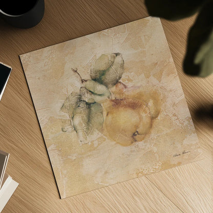 Pears Square by Cheri Blum. Shown as a detailed flat fine art print, highlighting archival giclee quality. Available as an archival giclee rolled canvas, fine art paper, or poster print. SKU 7023a.