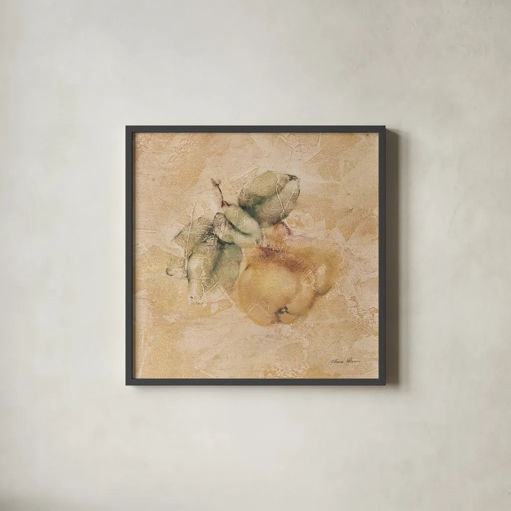 Pears Square by Cheri Blum. Shown in a sleek black glass frame for a contemporary gallery look. Available as an archival giclee rolled canvas, fine art paper, or poster print. SKU 7023a.