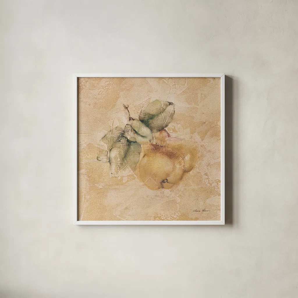 Pears Square by Cheri Blum. Shown in a crisp white glass frame for a clean and minimalist style. Available as an archival giclee rolled canvas, fine art paper, or poster print. SKU 7023a.