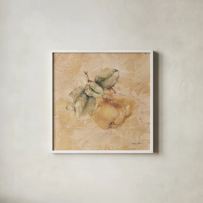 Pears Square by Cheri Blum. Shown in a crisp white glass frame for a clean and minimalist style. Available as an archival giclee rolled canvas, fine art paper, or poster print. SKU 7023a.