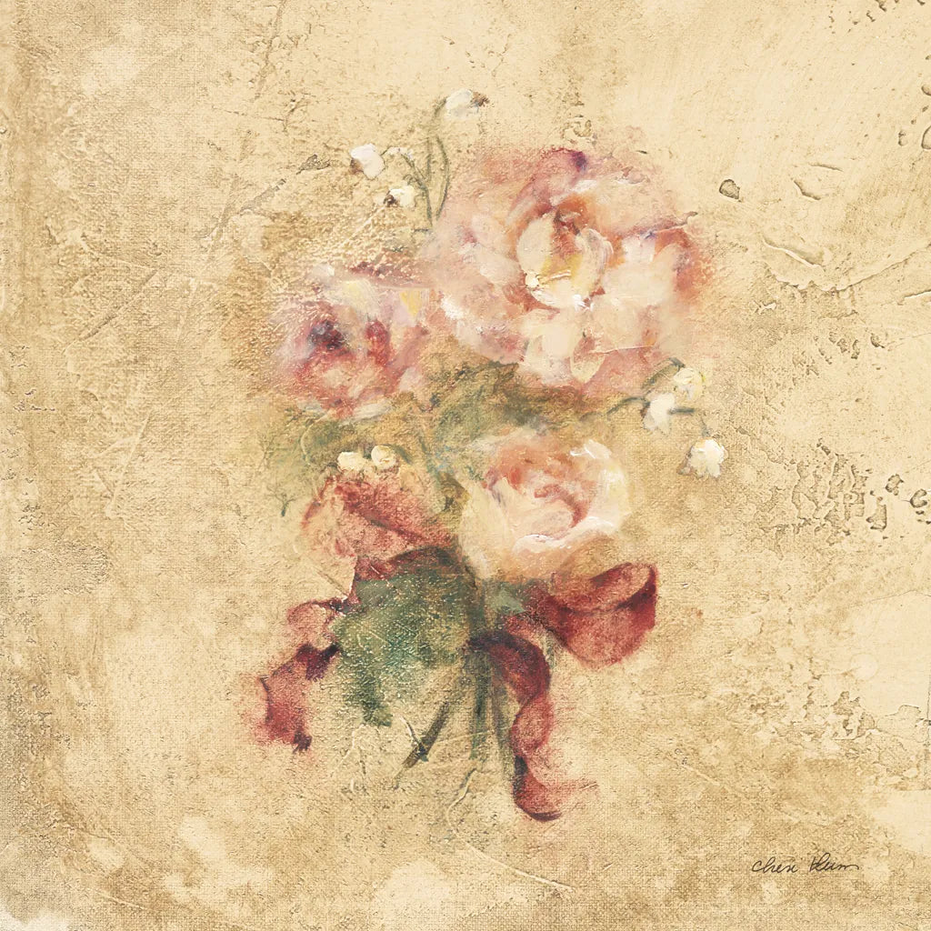 Peony with Red Ribbon by Cheri Blum. SKU 7393a. Archival Giclee Fine art print for wall decor.