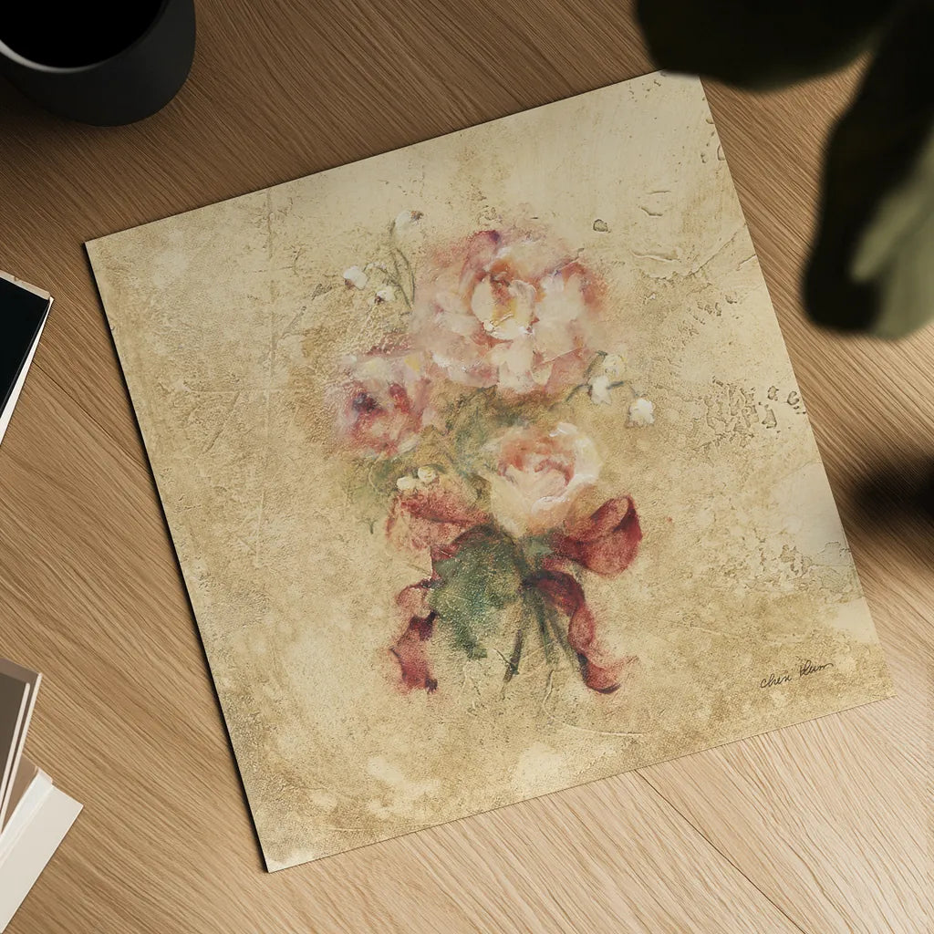 Peony with Red Ribbon by Cheri Blum. Shown as a detailed flat fine art print, highlighting archival giclee quality. Available as an archival giclee rolled canvas, fine art paper, or poster print. SKU 7393a.