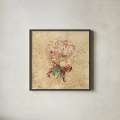 Peony with Red Ribbon by Cheri Blum. Shown in a sleek black glass frame for a contemporary gallery look. Available as an archival giclee rolled canvas, fine art paper, or poster print. SKU 7393a.