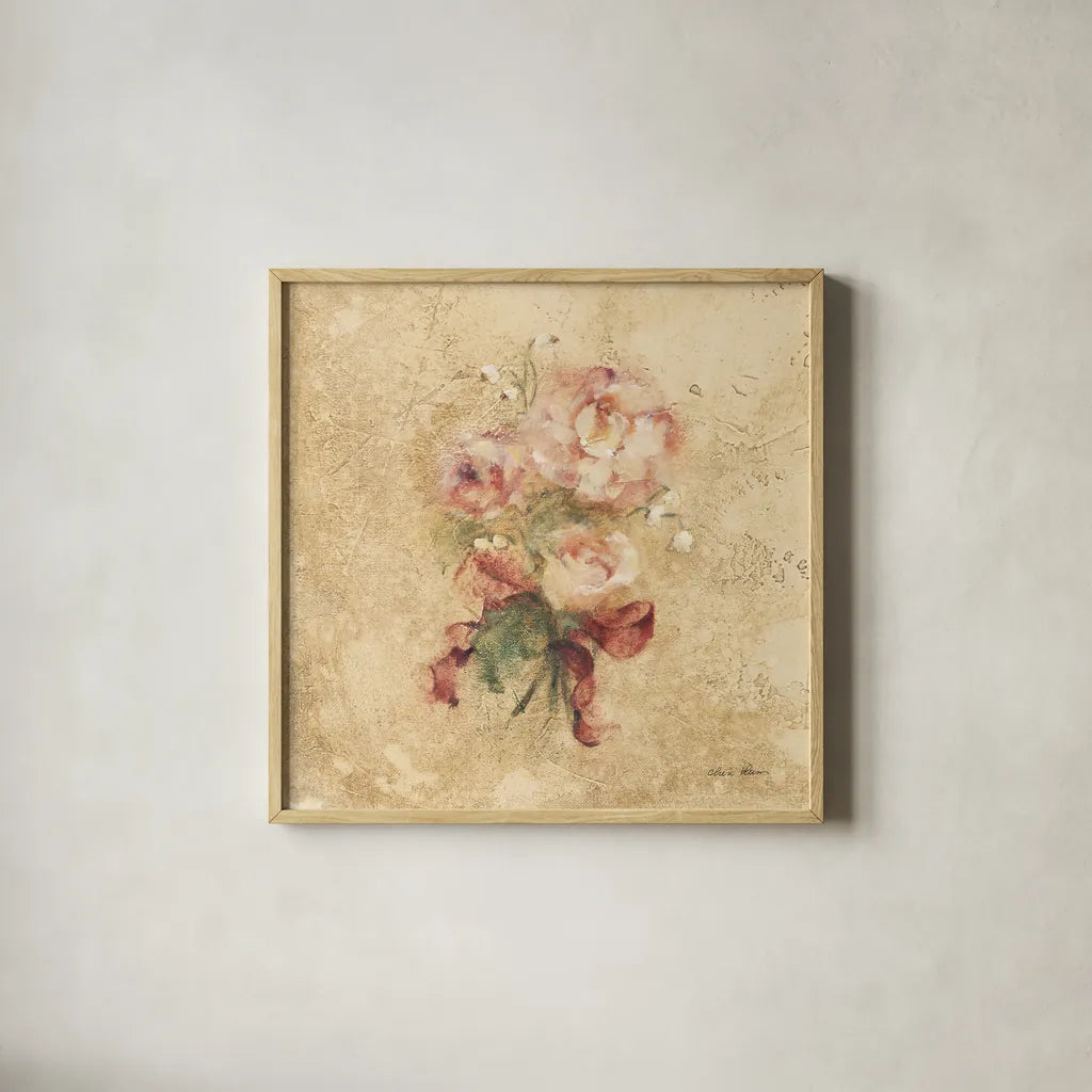 Peony with Red Ribbon by Cheri Blum. Shown in a natural wood glass frame for a timeless modern aesthetic. Available as an archival giclee rolled canvas, fine art paper, or poster print. SKU 7393a.
