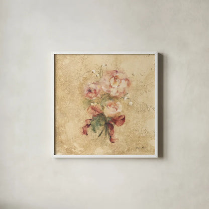 Peony with Red Ribbon by Cheri Blum. Shown in a crisp white glass frame for a clean and minimalist style. Available as an archival giclee rolled canvas, fine art paper, or poster print. SKU 7393a.