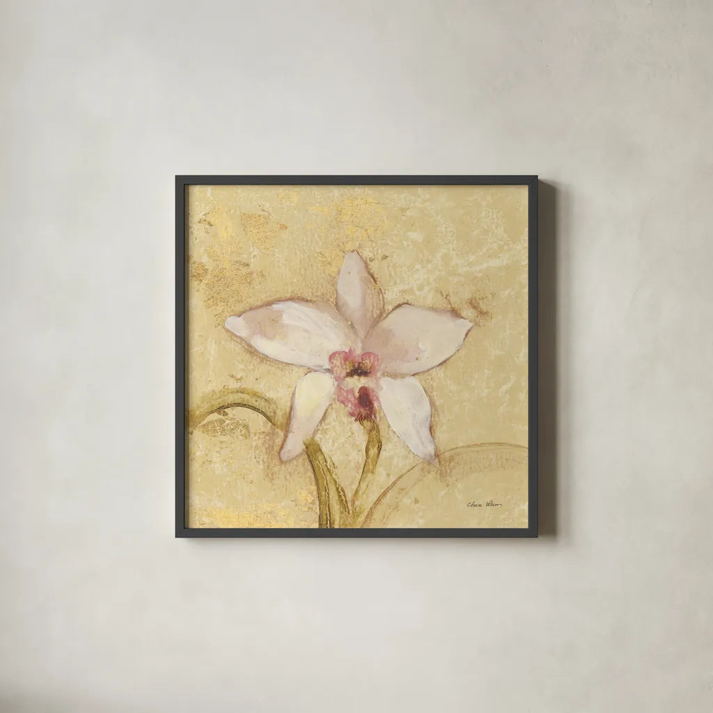 Petite Orchid I by Cheri Blum. Shown in a sleek black glass frame for a contemporary gallery look. Available as an archival giclee rolled canvas, fine art paper, or poster print. SKU 7186a.