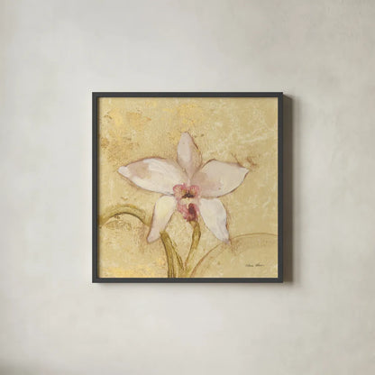 Petite Orchid I by Cheri Blum. Shown in a sleek black glass frame for a contemporary gallery look. Available as an archival giclee rolled canvas, fine art paper, or poster print. SKU 7186a.