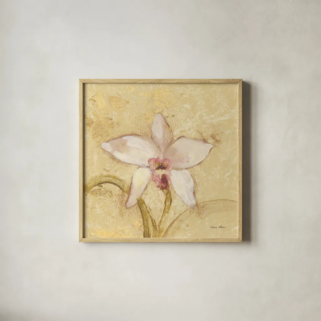 Petite Orchid I by Cheri Blum. Shown in a natural wood glass frame for a timeless modern aesthetic. Available as an archival giclee rolled canvas, fine art paper, or poster print. SKU 7186a.