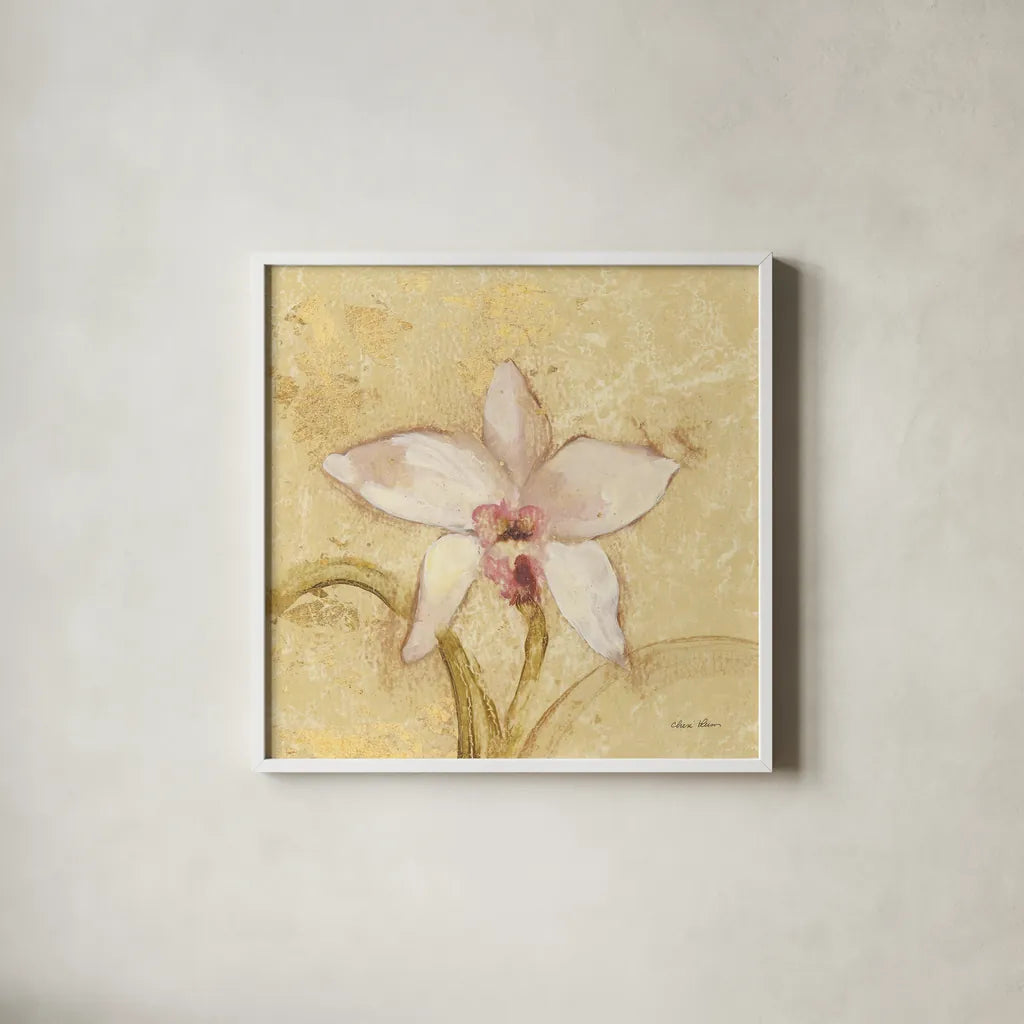 Petite Orchid I by Cheri Blum. Shown in a crisp white glass frame for a clean and minimalist style. Available as an archival giclee rolled canvas, fine art paper, or poster print. SKU 7186a.
