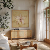 Petite Orchid I by Cheri Blum. Shown in a natural wood frame in a cozy modern living room. Available as an archival giclee rolled canvas, fine art paper, or poster print. SKU 7186a.