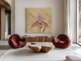 Petite Orchid III by Cheri Blum. Shown as extra-large giant wall art in a modern living room. Available as an archival giclee rolled canvas, fine art paper, or poster print. SKU 7188a.