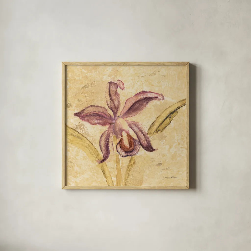 Petite Orchid IV by Cheri Blum. Shown in a natural wood glass frame for a timeless modern aesthetic. Available as an archival giclee rolled canvas, fine art paper, or poster print. SKU 7189a.