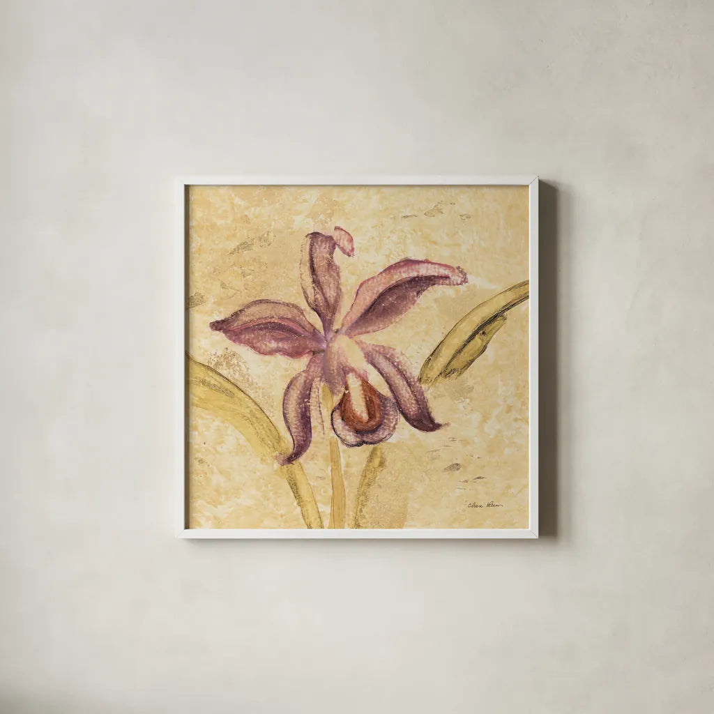 Petite Orchid IV by Cheri Blum. Shown in a crisp white glass frame for a clean and minimalist style. Available as an archival giclee rolled canvas, fine art paper, or poster print. SKU 7189a.