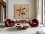Petite Orchid IV by Cheri Blum. Shown as extra-large giant wall art in a modern living room. Available as an archival giclee rolled canvas, fine art paper, or poster print. SKU 7189a.