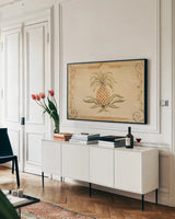 Pineapple by Cheri Blum. shown as a framed stretched canvas in a living room above a console. Available as a archival giclee rolled canvas, fine art paper, or poster print. SKU 90759i.