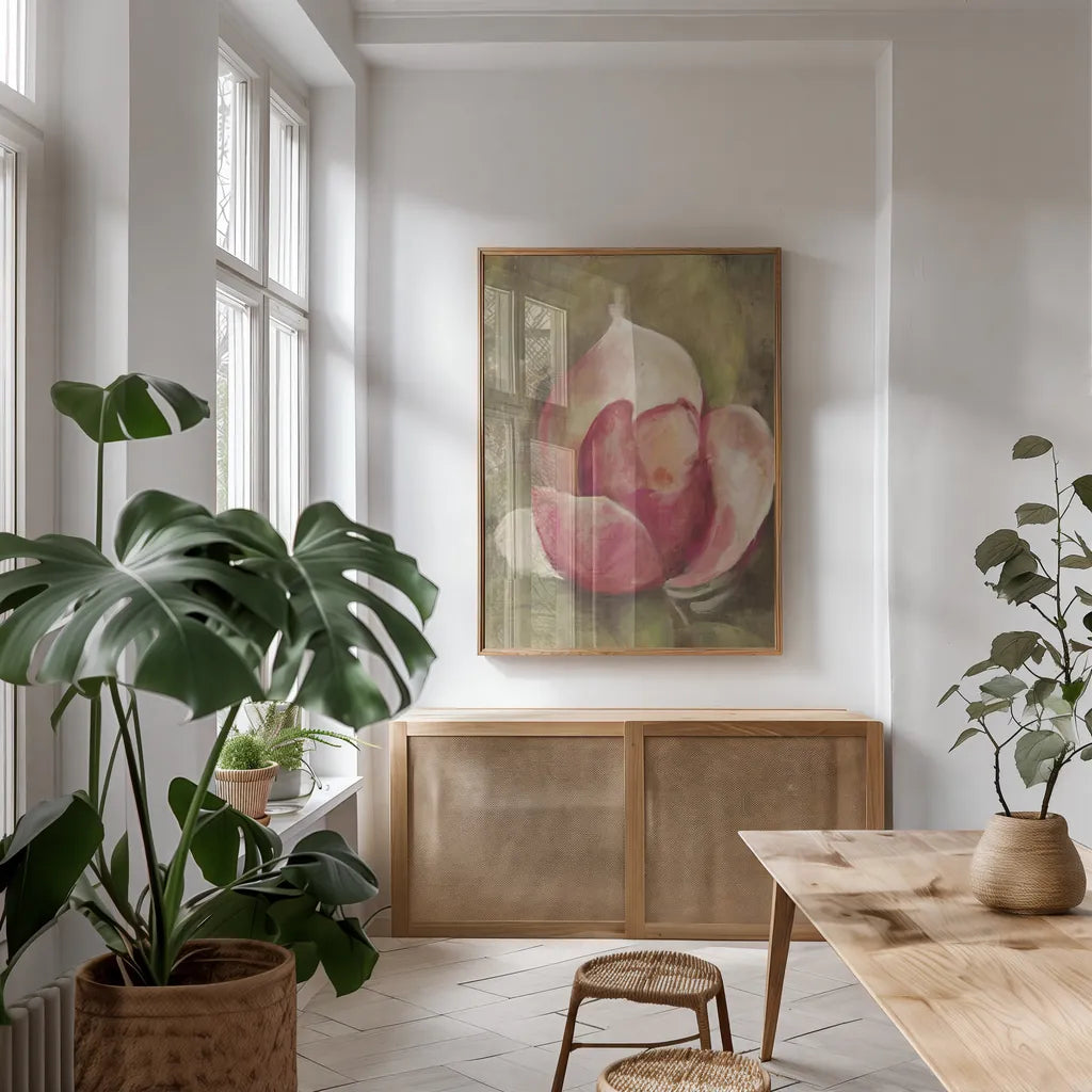 Pink Blossom Crop by Cheri Blum. shown as a print in a natural wood frame in a dining room. Available as a archival giclee rolled canvas, fine art paper, or poster print. SKU 90129h.