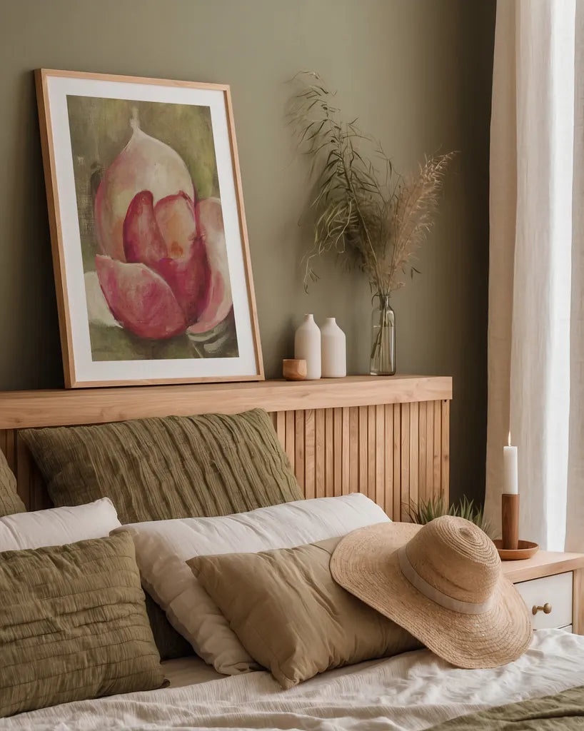 Pink Blossom Crop by Cheri Blum. shown as a paper print in a natural frame. Available as a archival giclee rolled canvas, fine art paper, or poster print. SKU 90129h.