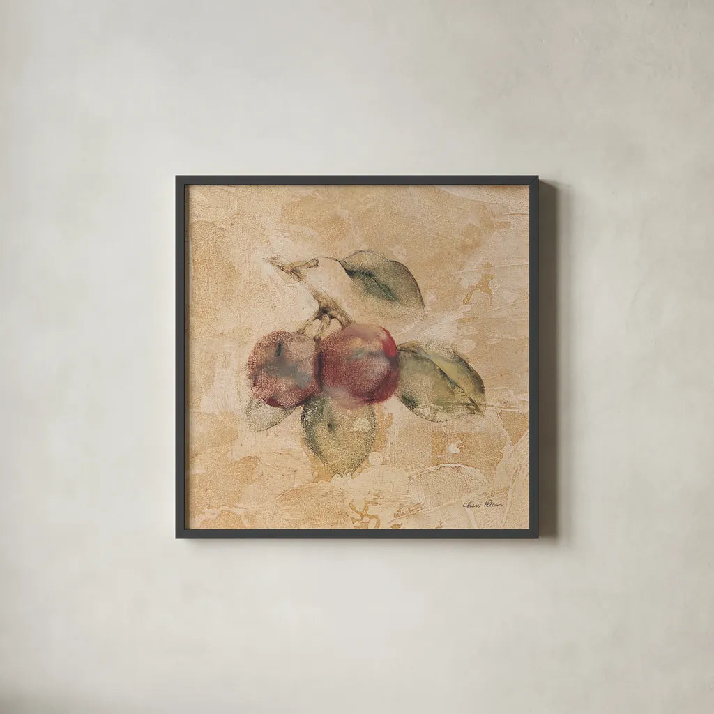 Plums Square by Cheri Blum. Shown in a sleek black glass frame for a contemporary gallery look. Available as an archival giclee rolled canvas, fine art paper, or poster print. SKU 7025a.