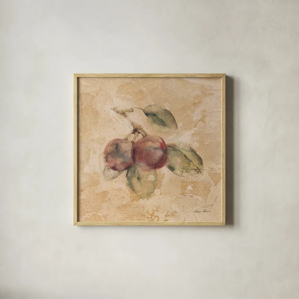 Plums Square by Cheri Blum. Shown in a natural wood glass frame for a timeless modern aesthetic. Available as an archival giclee rolled canvas, fine art paper, or poster print. SKU 7025a.