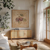 Plums Square by Cheri Blum. Shown in a natural wood frame in a cozy modern living room. Available as an archival giclee rolled canvas, fine art paper, or poster print. SKU 7025a.