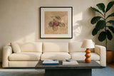Plums Square by Cheri Blum. Displayed in a glass frame with matte in a clean modern living room. Available as an archival giclee rolled canvas, fine art paper, or poster print. SKU 7025a.