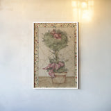 Pomegranate Topiary by Cheri Blum. shown as a paper print in a white frame. Available as a archival giclee rolled canvas, fine art paper, or poster print. SKU 7050h.