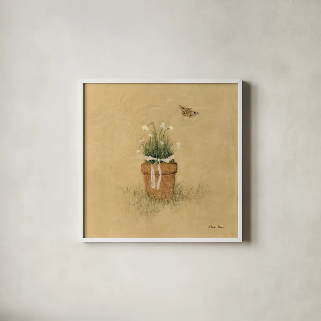 Potted Flowers by Cheri Blum. Shown in a crisp white glass frame for a clean and minimalist style. Available as an archival giclee rolled canvas, fine art paper, or poster print. SKU 89469a.
