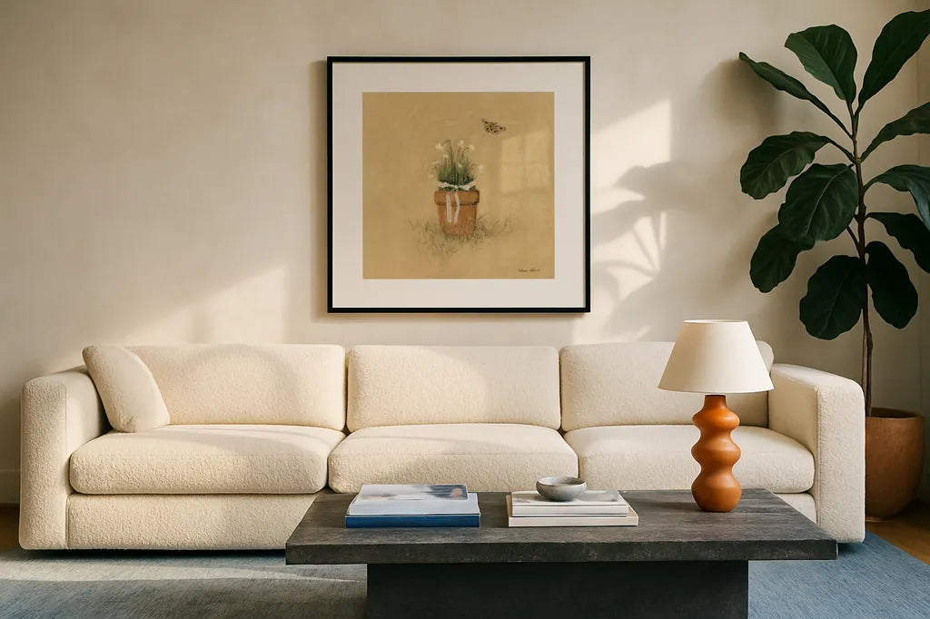 Potted Flowers by Cheri Blum. Displayed in a glass frame with matte in a clean modern living room. Available as an archival giclee rolled canvas, fine art paper, or poster print. SKU 89469a.