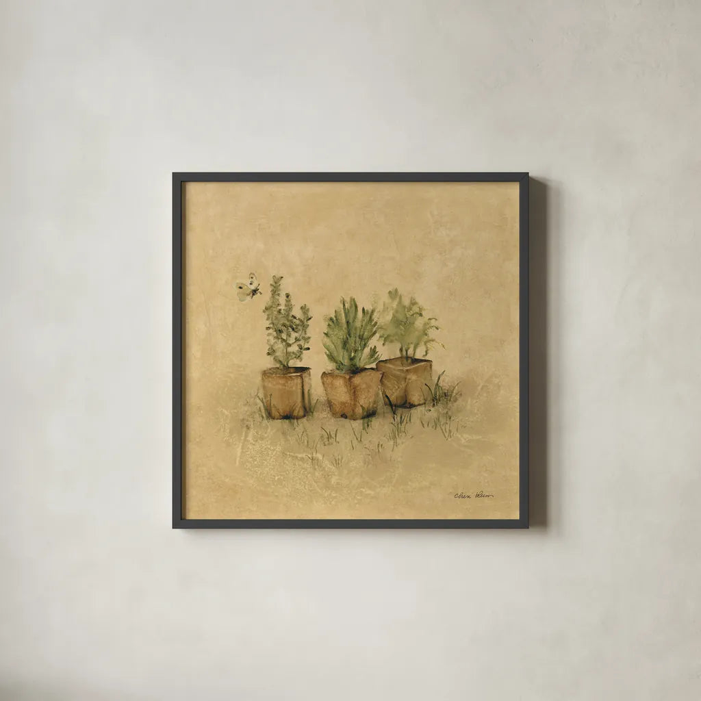 Potted Plants by Cheri Blum. Shown in a sleek black glass frame for a contemporary gallery look. Available as an archival giclee rolled canvas, fine art paper, or poster print. SKU 89470a.