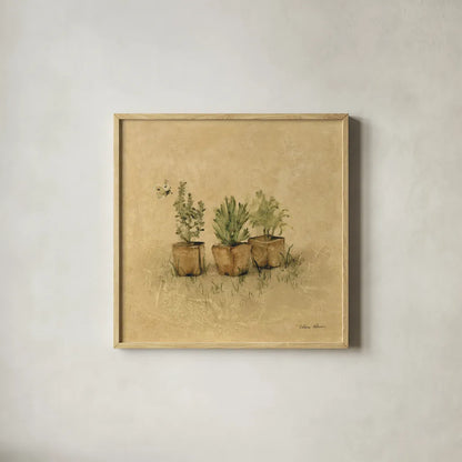 Potted Plants by Cheri Blum. Shown in a natural wood glass frame for a timeless modern aesthetic. Available as an archival giclee rolled canvas, fine art paper, or poster print. SKU 89470a.