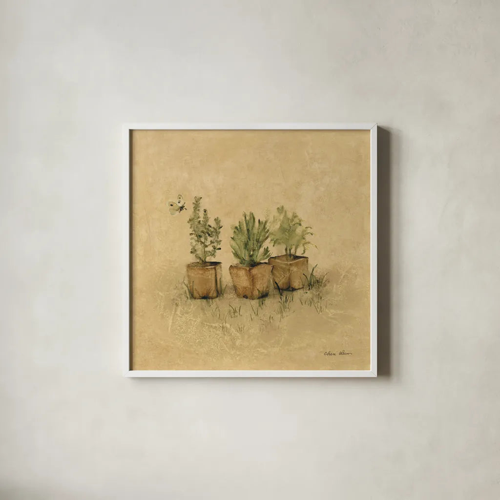 Potted Plants by Cheri Blum. Shown in a crisp white glass frame for a clean and minimalist style. Available as an archival giclee rolled canvas, fine art paper, or poster print. SKU 89470a.