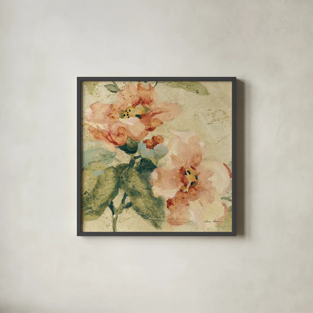 Provence Rose Crop I by Cheri Blum. Shown in a sleek black glass frame for a contemporary gallery look. Available as an archival giclee rolled canvas, fine art paper, or poster print. SKU 90753a.